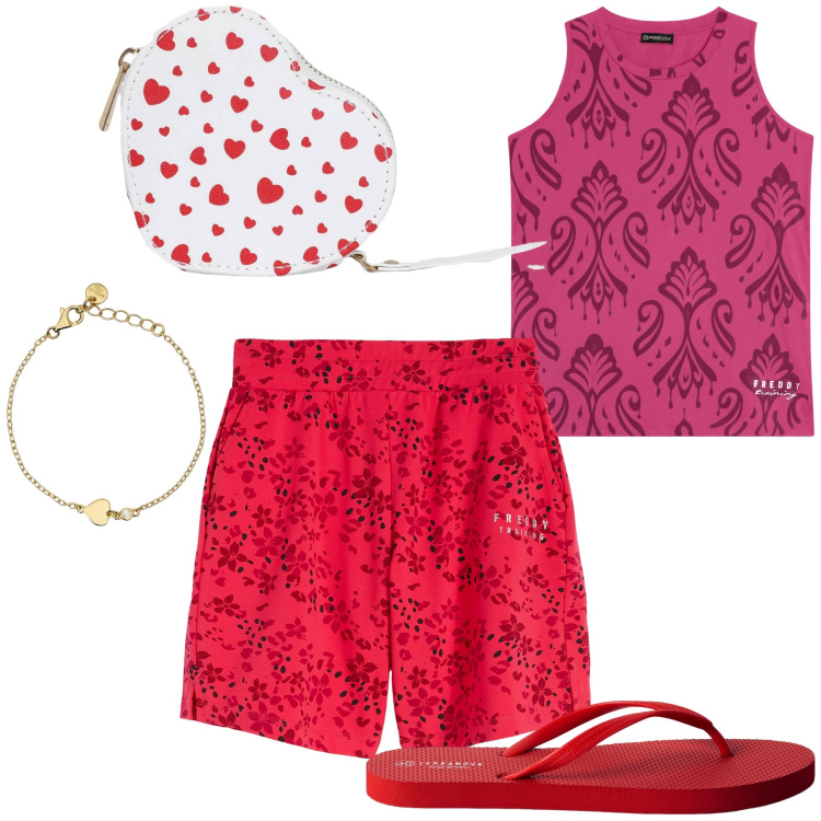 Outfit donna - At home with love. Stile Basic per Tutti i giorni. Abbinamento con portafogli, infradito, braccialetti, canottiere, pantaloni corti.
