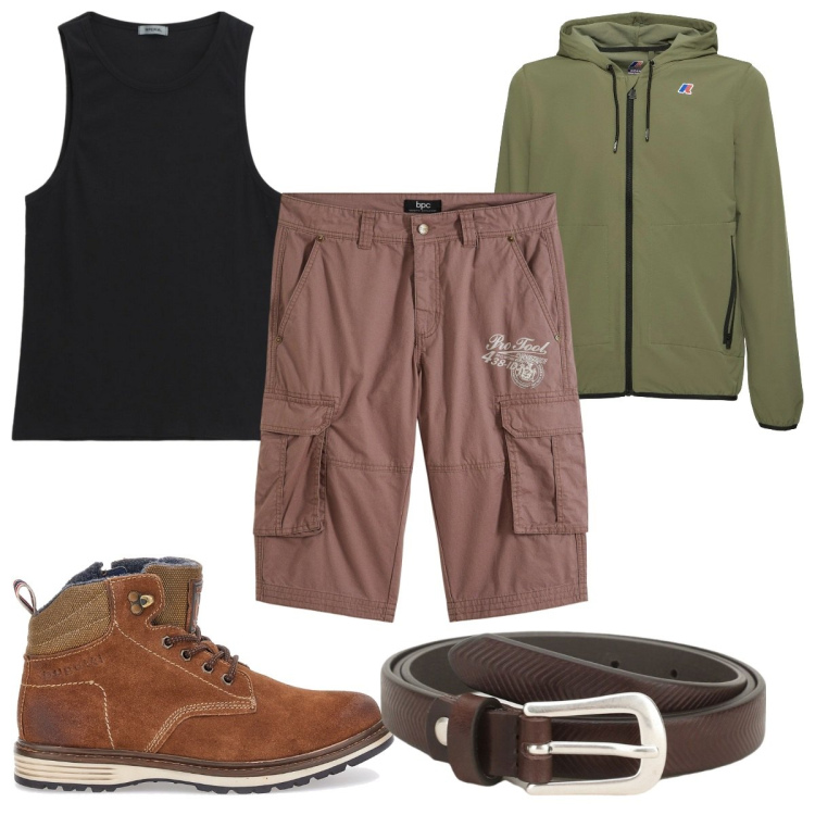 Outfit uomo - Total look #2180255. Stile Trendy per Tutti i giorni. Abbinamento con bermuda, cinture, canottiere, stivali e stivaletti, giacche.