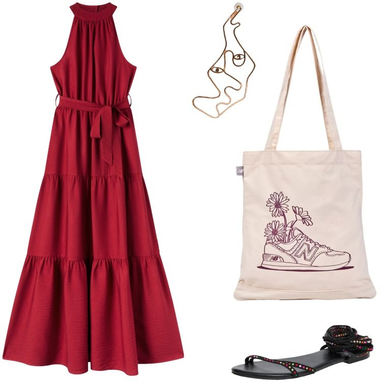 Outfit donna - Shopping "compulsivo". Stile Etnico per Tutti i giorni. Abbinamento con sandali alla schiava, vestiti lunghi, shopping bag, orecchini.