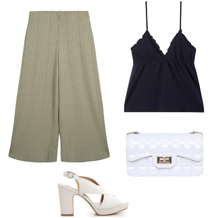 Outfit donna - Tessuti morbidi, colori neutri. Stile Casual chic per Tutti i giorni. Abbinamento con pantaloni a palazzo, borse a tracolla, canottiere, sandali col tacco.