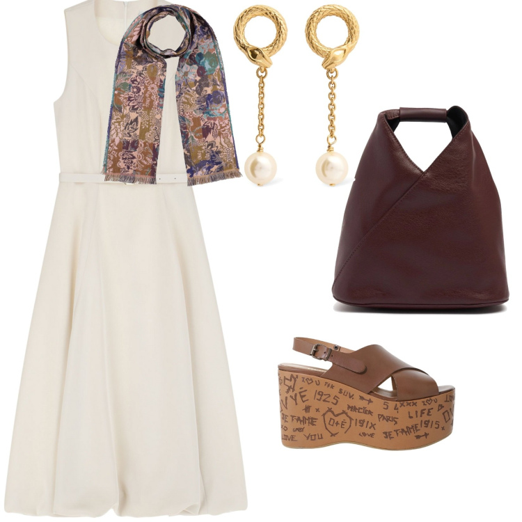Outfit donna - A lavoro. per Ufficio. Abbinamento con sciarpe, vestiti midi/longuette, zeppe, orecchini, borse a tracolla.