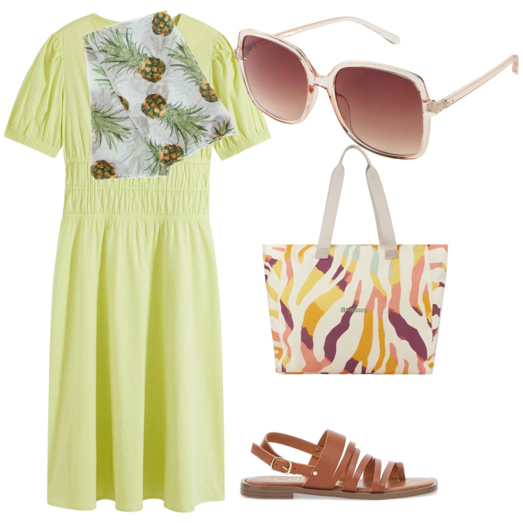 Outfit donna - Foulard spiritoso. per Tutti i giorni. Abbinamento con vestiti midi/longuette, occhiali da sole, shopping bag, foulard, sandali.