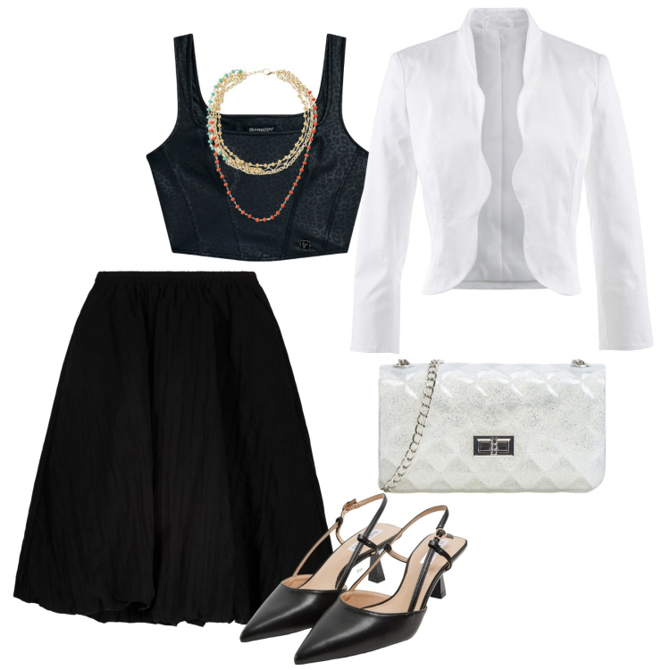 Outfit donna - Appuntamento importante. per Serata fuori. Abbinamento con blazer, borse a tracolla, sabot, top, collane, gonne longuette.
