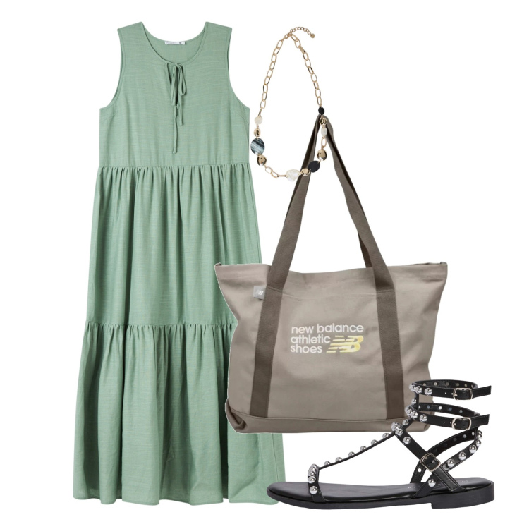 Outfit donna - Maxi dress, maxi libertà - Focus Donna C. Stile Bon Ton per Tutti i giorni. Abbinamento con sandali, vestiti senza maniche, shopping bag, collane.