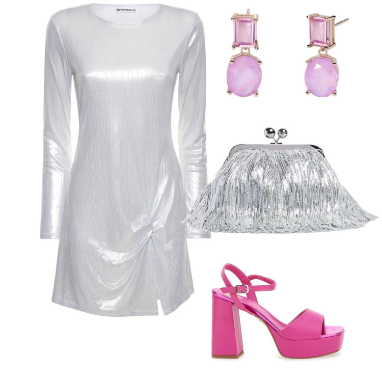 Outfit donna - Anni 70. per Serata fuori. Abbinamento con orecchini, sandali col tacco, vestiti, pochette.