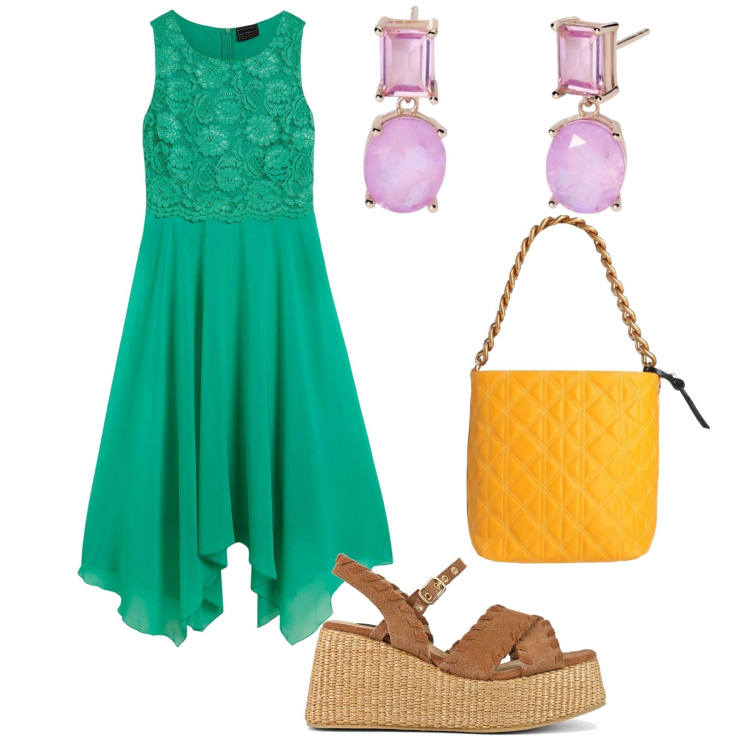 Outfit donna - Outfit colorato. per Tutti i giorni. Abbinamento con vestiti midi/longuette, borse a mano, orecchini, zeppe.