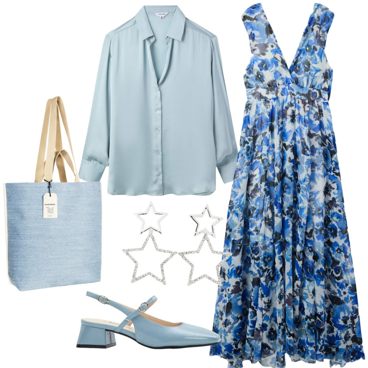 Outfit donna - Total look #2180289. Stile Casual chic per Tutti i giorni. Abbinamento con décolleté, vestiti lunghi, orecchini, camicie, borse tote.