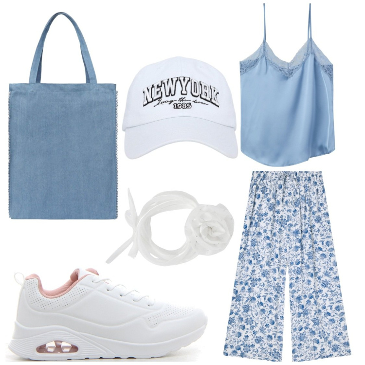 Outfit donna - Coordinati leggeri e chic. Stile Casual per Tutti i giorni. Abbinamento con cappelli, collane, borse tote, pantaloni a palazzo, top, sneakers.