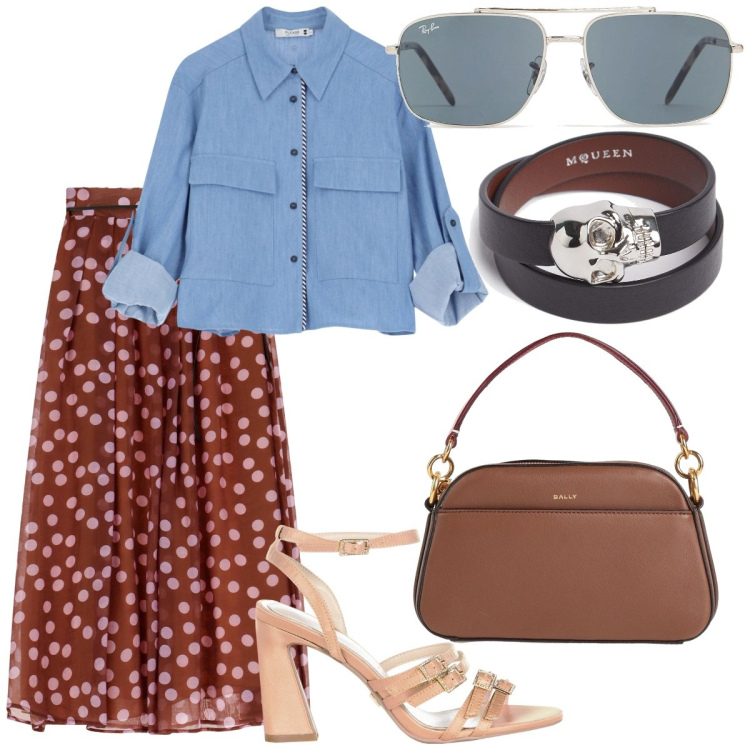 Outfit donna - Trendy ma comodamente. Stile Trendy per Tutti i giorni. Abbinamento con borse a mano, gonne lunghe, sandali col tacco, camicie, occhiali da sole, braccialetti.