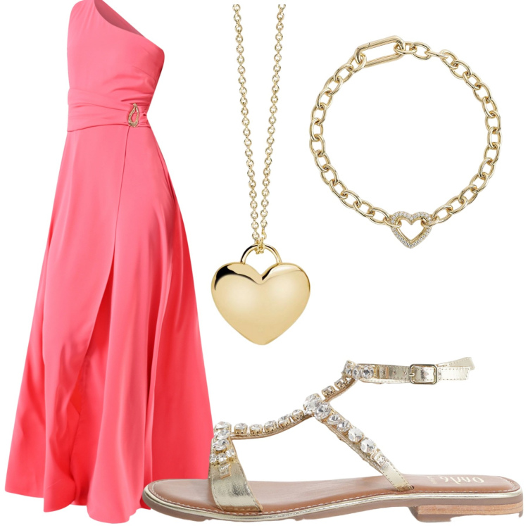 Outfit donna - Fluido. Stile Glamour per Serata fuori. Abbinamento con vestiti asimmetrici, collane, braccialetti, sandali.