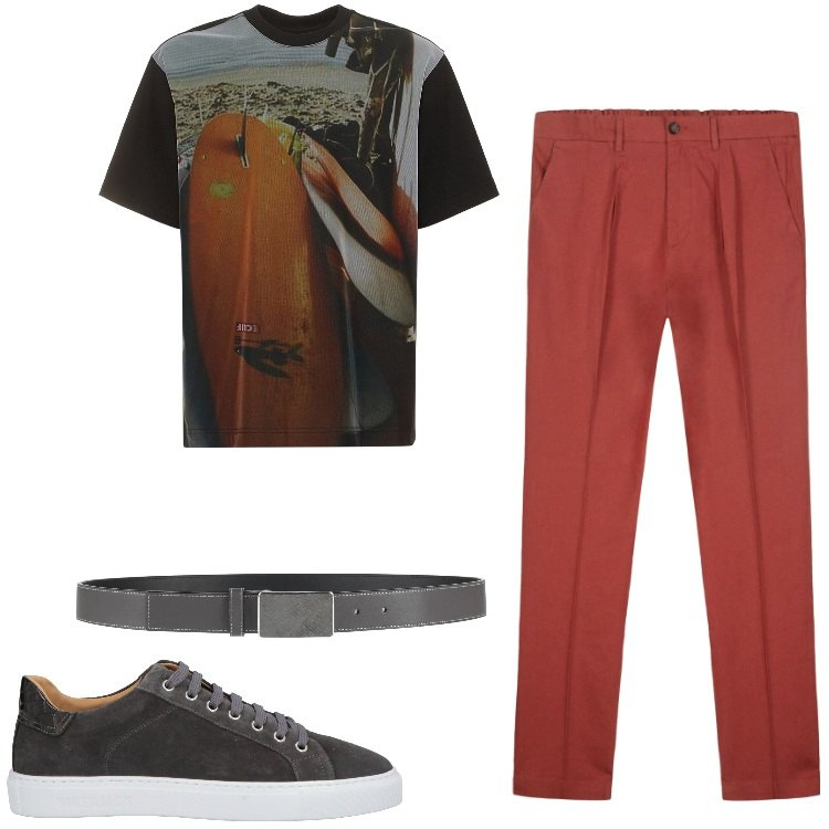 Outfit uomo - Grigio e brick. Stile Urban per Tutti i giorni. Abbinamento con sneakers, cinture, pantaloni, t-shirt.