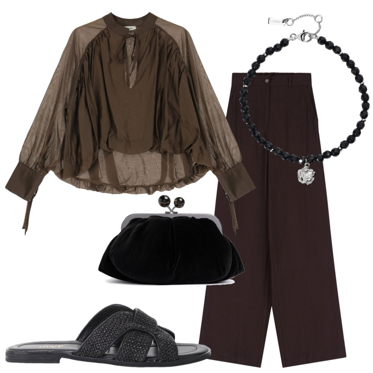 Outfit donna - Serata con amici. Stile Casual chic per Serata fuori. Abbinamento con braccialetti, pantaloni, sandali, bluse, pochette.