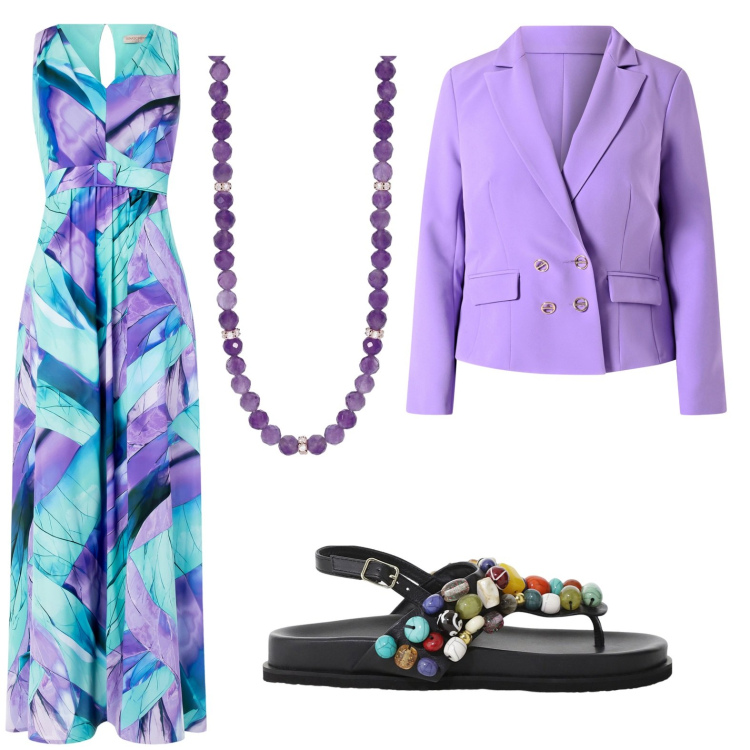 Outfit donna - Maxi Summer Dress. Stile Glamour per Serata fuori. Abbinamento con sandali gioiello, collane, vestiti lunghi, blazer.