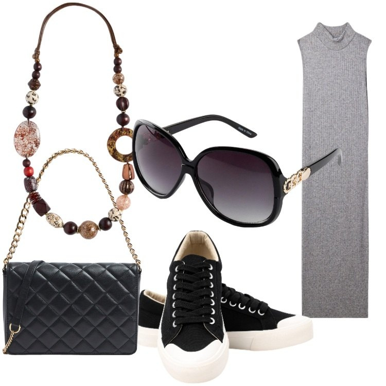 Outfit donna - Sneakers, sun and dress. Stile Casual chic per Tutti i giorni. Abbinamento con occhiali da sole, vestiti senza maniche, borse a tracolla, sneakers, collane.