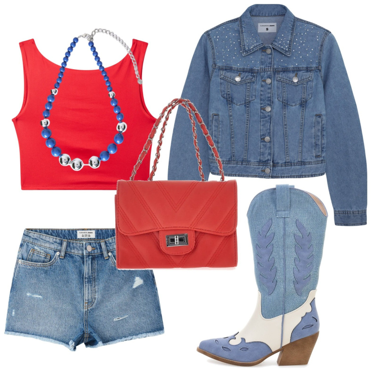 Outfit donna - Denim urbano. Stile Minimal per Tutti i giorni. Abbinamento con shorts, top, cappotti, collane, borse a tracolla, stivaletti texani.