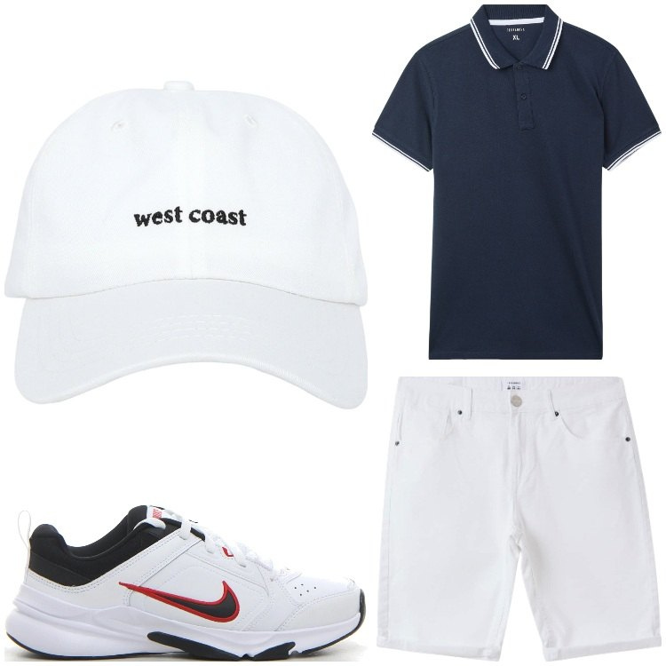Outfit uomo - Bianco e blu. Stile Casual per Tutti i giorni. Abbinamento con cappelli, polo, bermuda, sneakers.