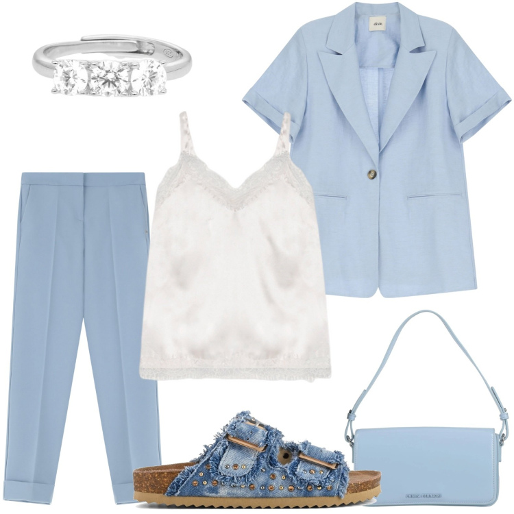 Outfit donna - L\'eleganza dell\'azzurro. Stile Casual chic per Serata fuori. Abbinamento con borse a mano, anelli, pantaloni, blazer, canottiere, sandali.