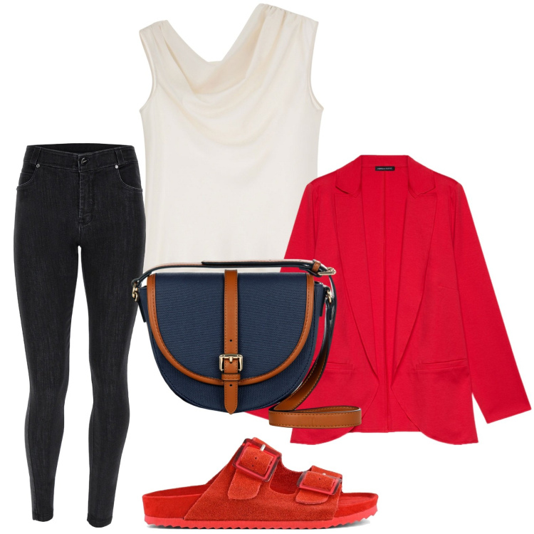 Outfit donna - Sapore di blazer. Stile Minimal per Tutti i giorni. Abbinamento con borse a tracolla, top, jeans skinny, blazer, sandali.