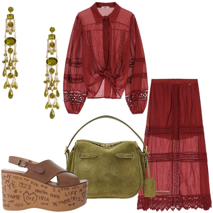 Outfit donna - Gonna lunghe e sandali - @nike75. Stile Boho per Serata fuori. Abbinamento con gonne lunghe, zeppe, camicie, orecchini, borse a mano.