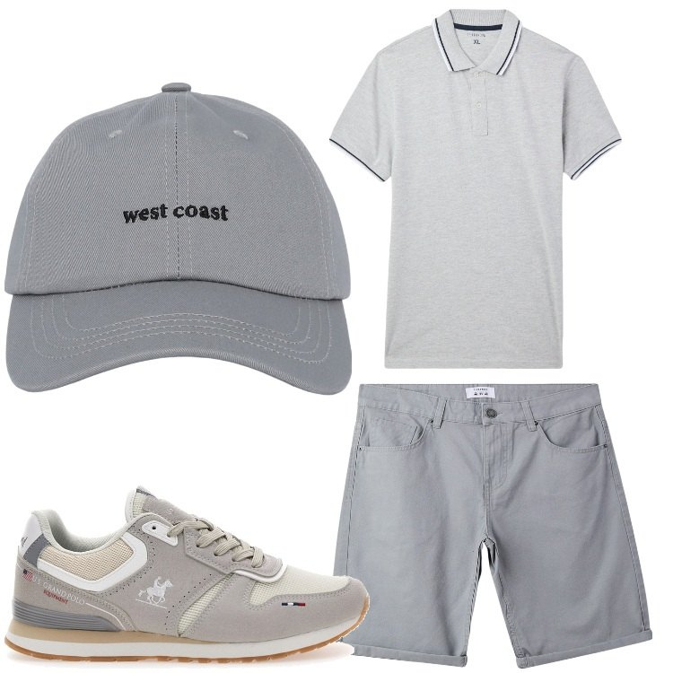 Outfit uomo - Grigio. Stile Casual per Tutti i giorni. Abbinamento con cappelli con visiera, polo, bermuda, sneakers.