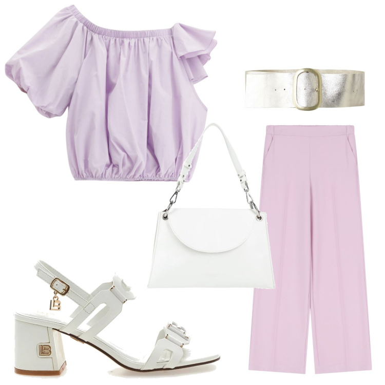 Outfit donna - Radiosa in rosa. Stile Glamour per Tutti i giorni. Abbinamento con borse a mano, pantaloni, top, cinture, sandali col tacco.