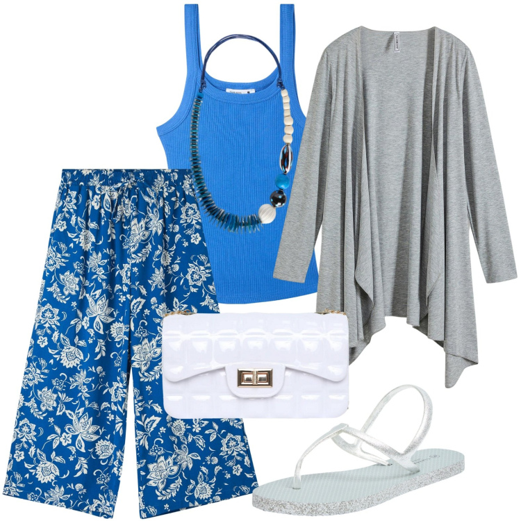 Outfit donna - Sapore d\'estate. Stile Minimal per Tutti i giorni. Abbinamento con cardigans, pantaloni a palazzo, sandali, canottiere, borse a tracolla, collane.