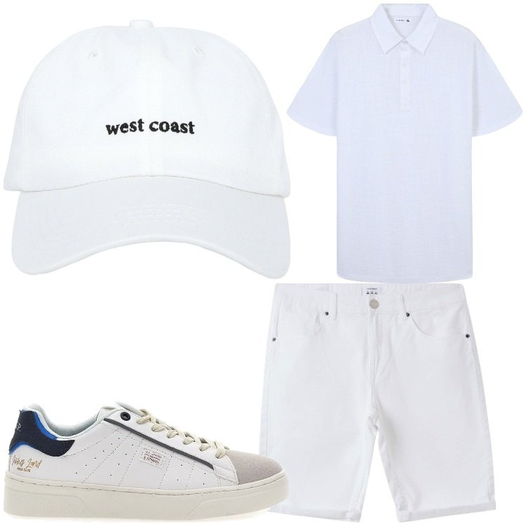 Outfit uomo - Bianco. Stile Casual per Tutti i giorni. Abbinamento con cappelli, bermuda, polo, sneakers.