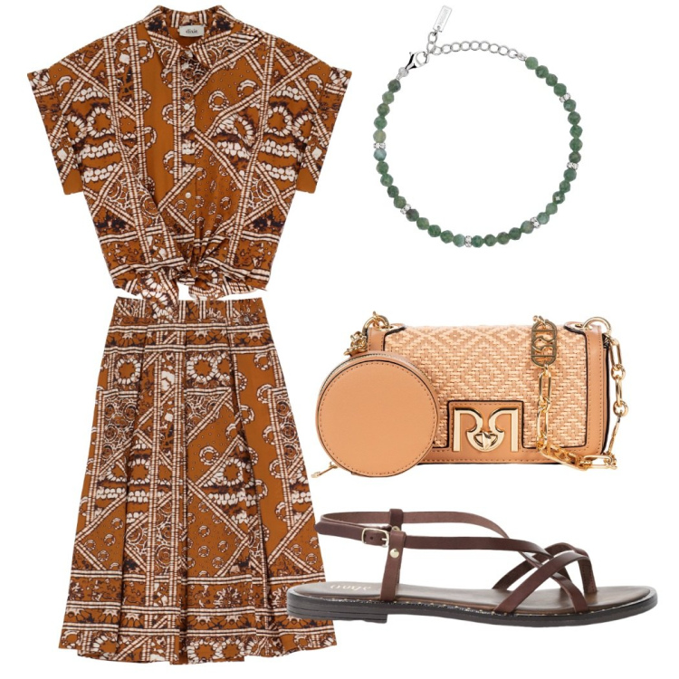Outfit donna - Un po\' di etnico. Stile Etnico per Tutti i giorni. Abbinamento con gonne lunghe, camicie a manica corta, sandali, braccialetti, borse a tracolla.