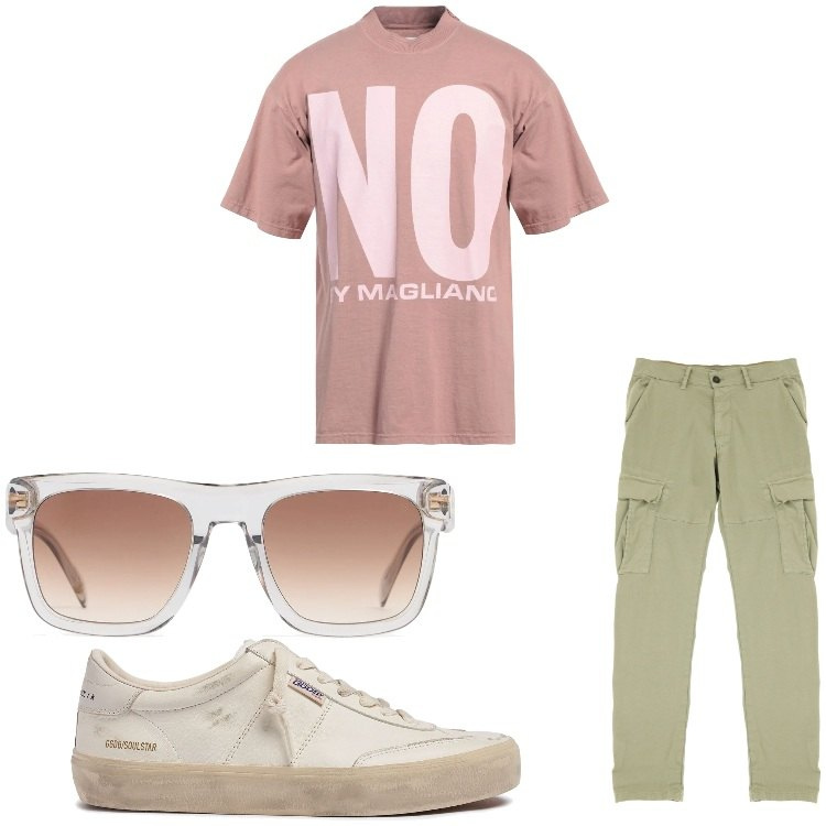 Outfit uomo - Sotto il sole. Stile Casual per Tutti i giorni. Abbinamento con t-shirt, pantaloni cargo, occhiali da sole, sneakers.