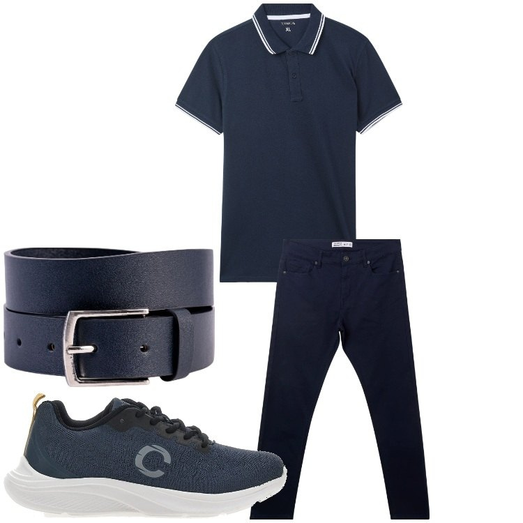 Outfit uomo - Blu. Stile Casual per Tutti i giorni. Abbinamento con pantaloni skinny, polo, sneakers, cinture.
