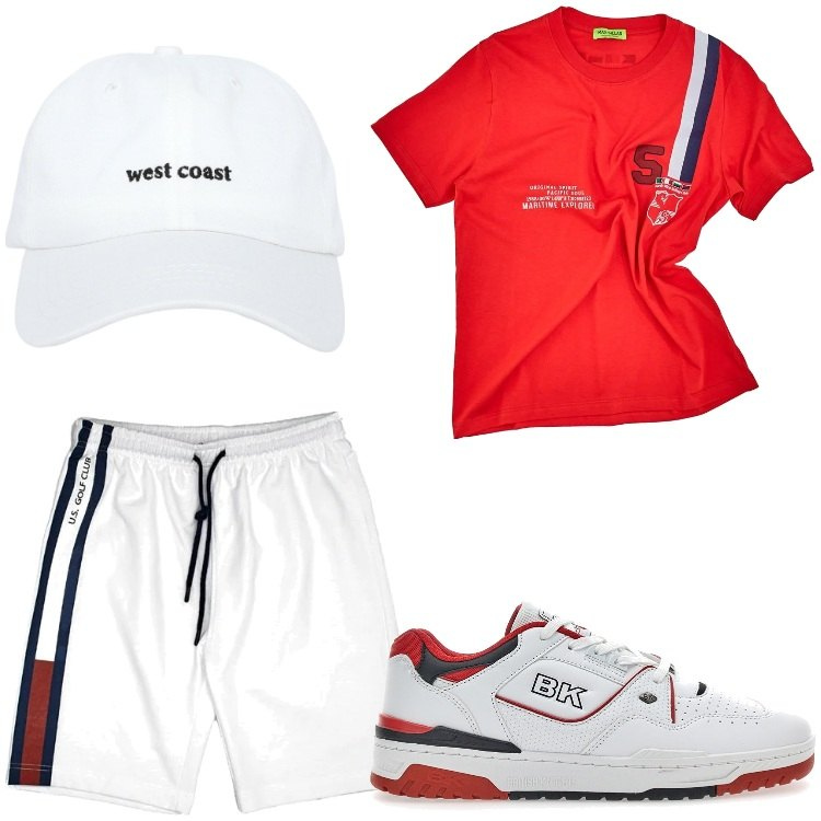 Outfit uomo - Oggi sport. Stile Casual per Sport. Abbinamento con cappelli, t-shirt, sneakers, pantaloni corti.