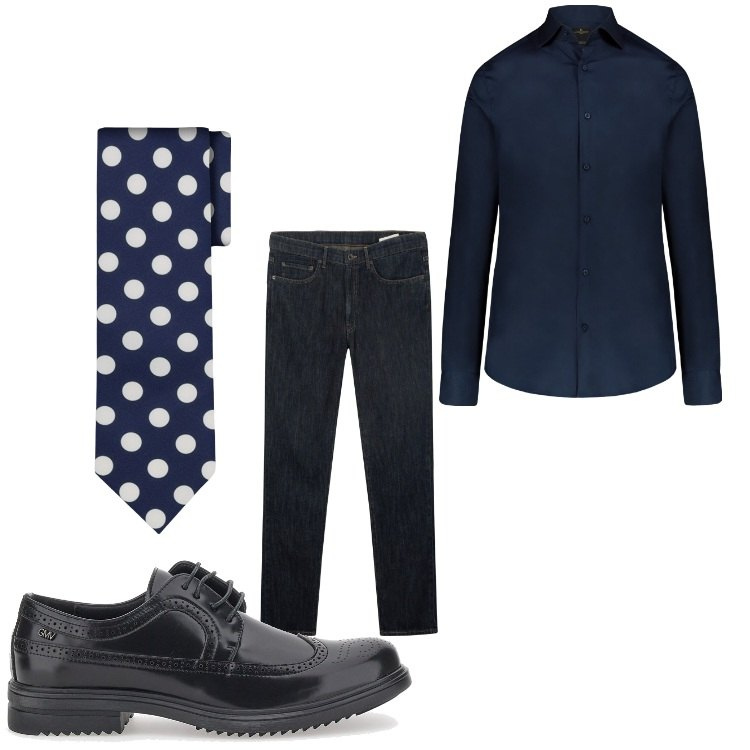 Outfit uomo - Jeans e pois. Stile Business/Elegante per Ufficio. Abbinamento con camicie, scarpe stringate, cravatte, jeans.