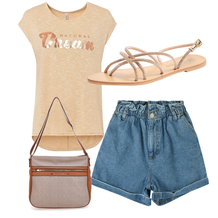Outfit donna - Weekend. Stile Casual per Tutti i giorni. Abbinamento con maglieria, shorts, sandali, borse a tracolla.