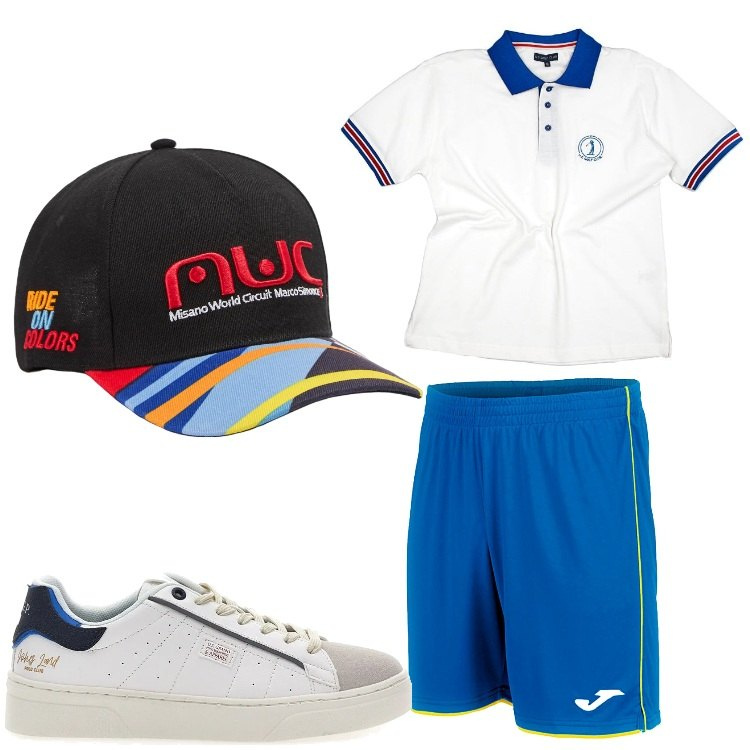 Outfit uomo - Sport. Stile Casual per Sport. Abbinamento con cappelli, polo, pantaloni corti, sneakers.
