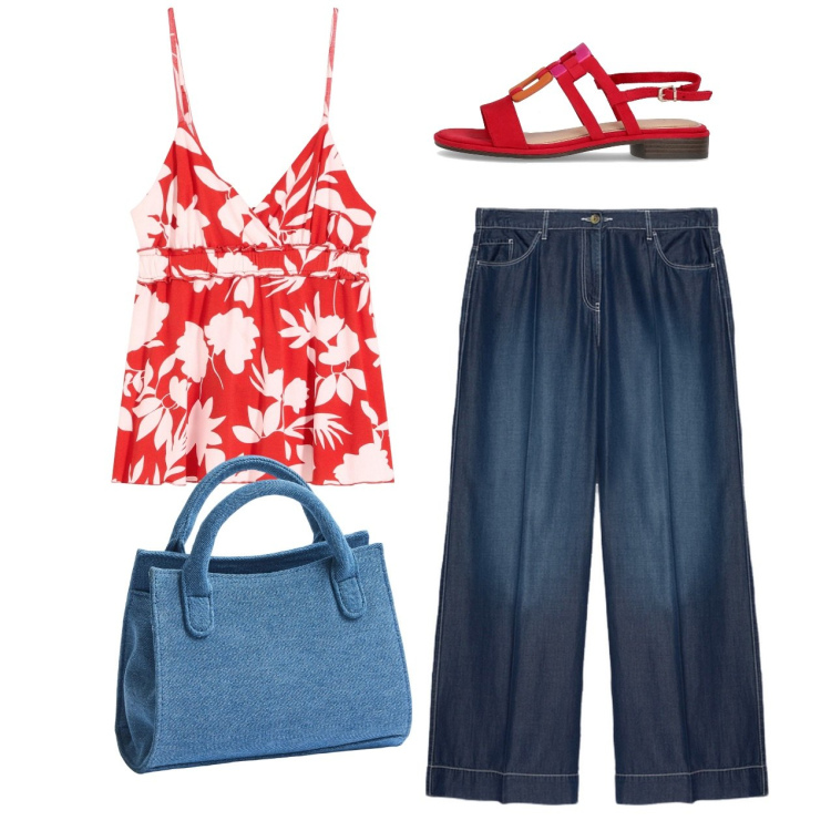 Outfit donna - Fiori. Stile Bon Ton per Tutti i giorni. Abbinamento con top, borse a tracolla, pantaloni, sandali.