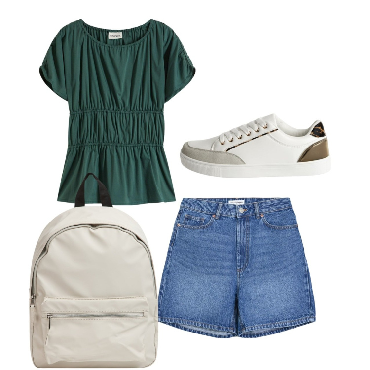 Outfit donna - Pomeriggio. Stile Basic per Tutti i giorni. Abbinamento con top, sneakers, bermuda, zaini.