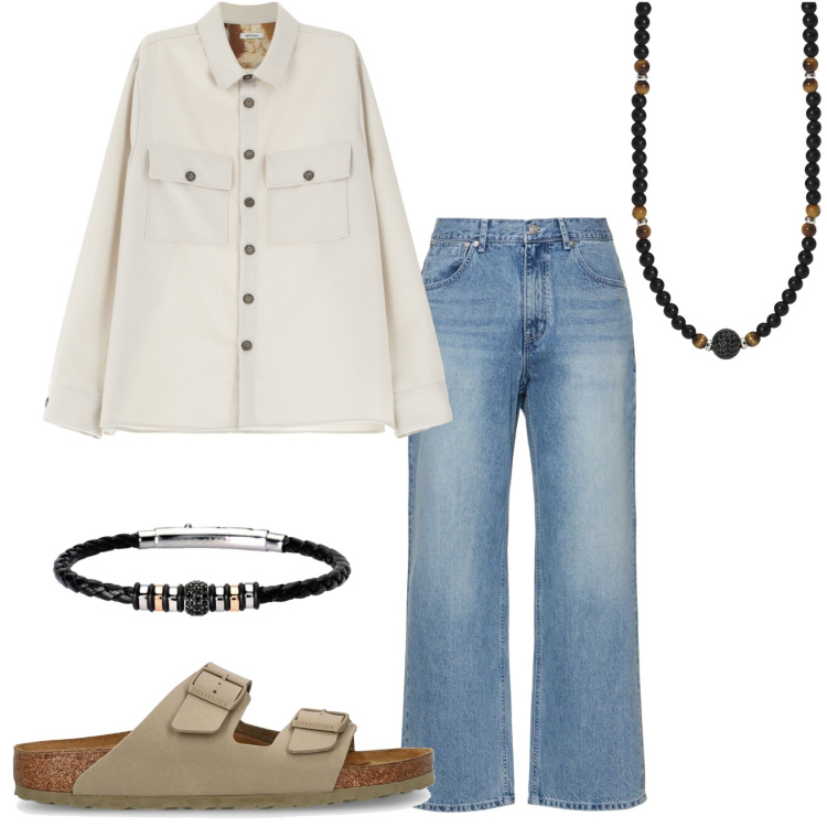 Outfit uomo - Ritorno casual look. Stile Casual per Tutti i giorni. Abbinamento con braccialetti, collane, camicie, sandali, jeans.