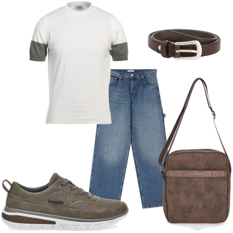 Outfit uomo - Trendy sempre in giro. Stile Trendy per Tutti i giorni. Abbinamento con pullovers, cinture, jeans, portafogli, sneakers.