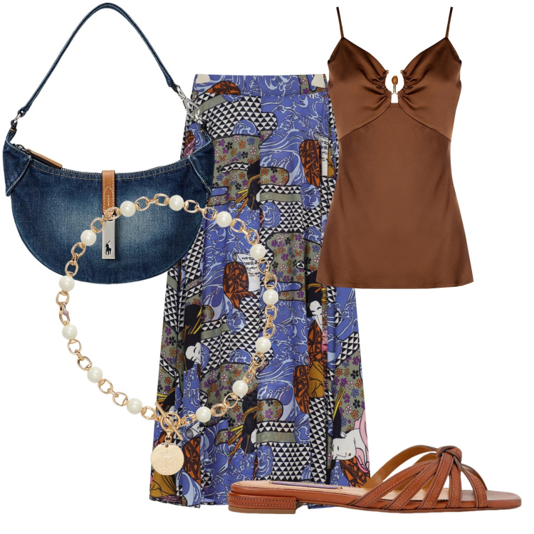 Outfit donna - Summer walking. Stile Glamour per Tutti i giorni. Abbinamento con top, gonne lunghe, sandali in pelle, borse a spalla, collane.