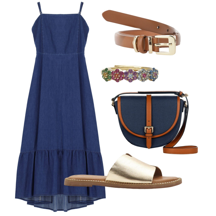 Outfit donna - Maxi dress a balze. Stile Trendy per Tutti i giorni. Abbinamento con ciabatte, anelli, borse a tracolla, cinture, vestiti lunghi.