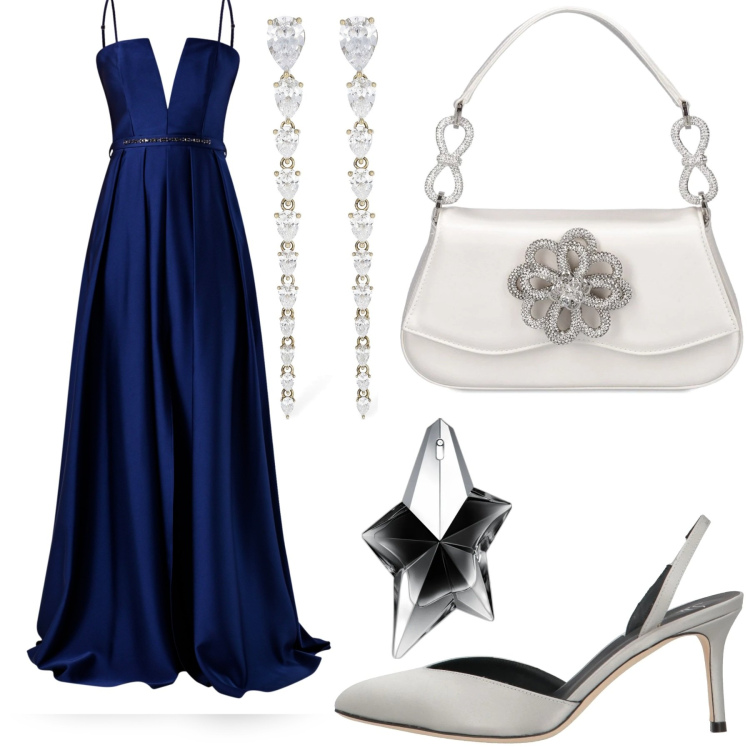 Outfit donna - La mamma dello sposo. Stile Chic per Cerimonia. Abbinamento con décolleté, profumi, vestiti lunghi, orecchini, borse a mano.