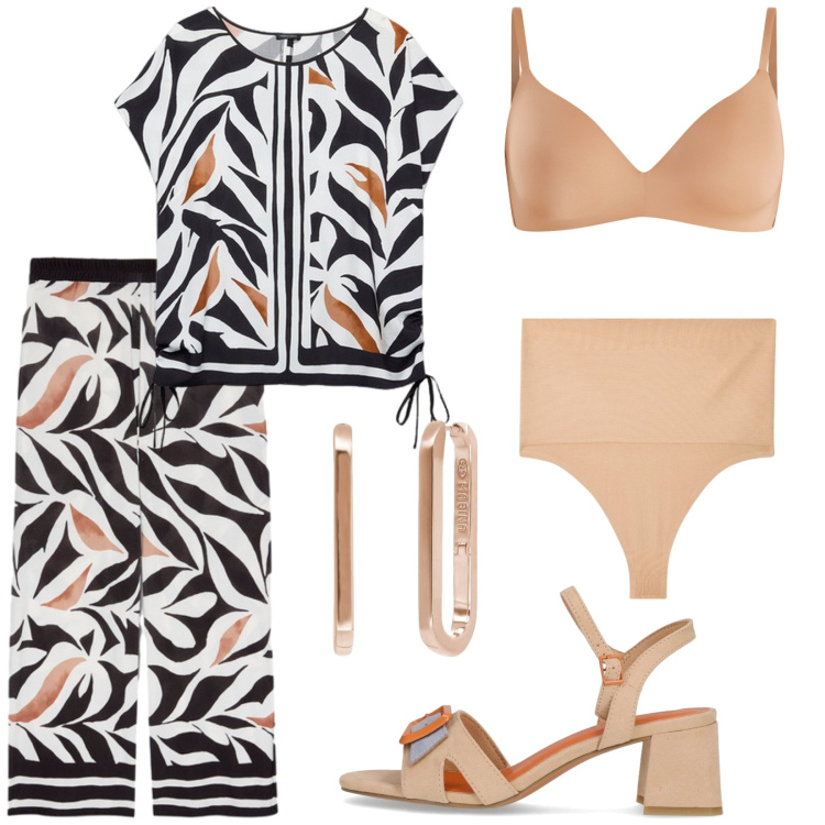Outfit donna - Completo coordinato. Stile Etnico per Tutti i giorni. Abbinamento con perizomi, orecchini, reggiseni a balconcino, sandali col tacco, bluse, pantaloni.