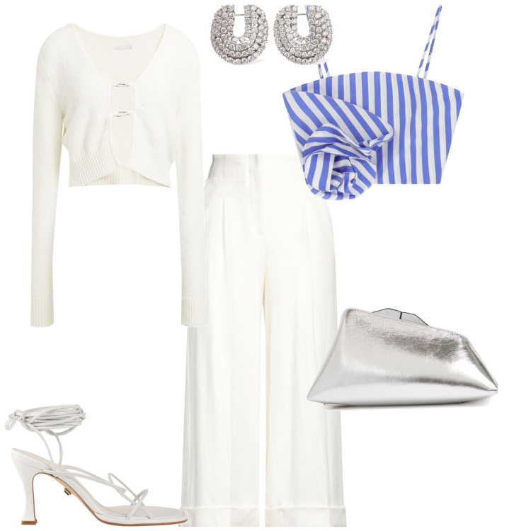 Outfit donna - Serata evento speciale. Stile Chic per Serata fuori. Abbinamento con pantaloni, cardigans, sandali col tacco, canottiere, pochette, orecchini.