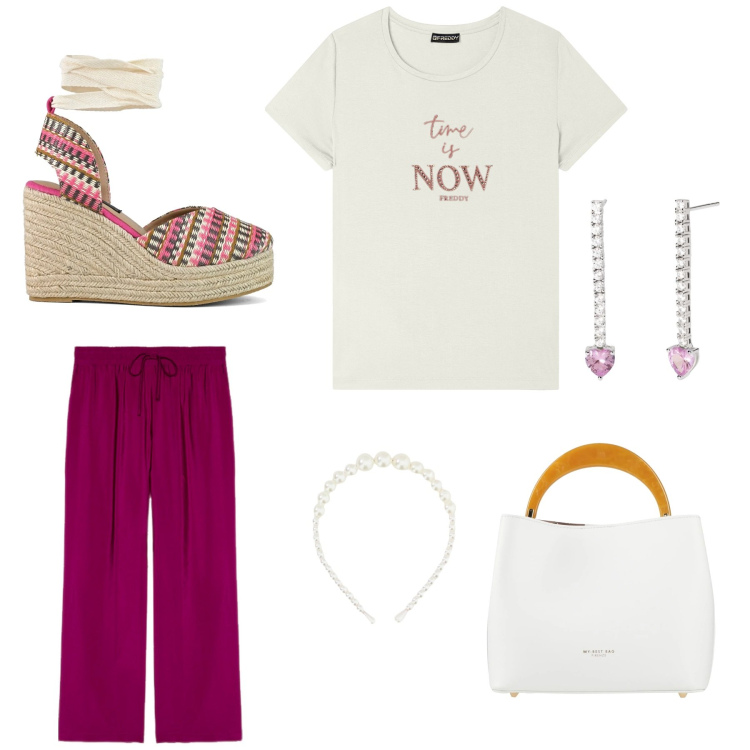 Outfit donna - Espñirllass. Stile Casual per Tutti i giorni. Abbinamento con borse a mano, orecchini, t-shirt, cerchietti, pantaloni, zeppe.