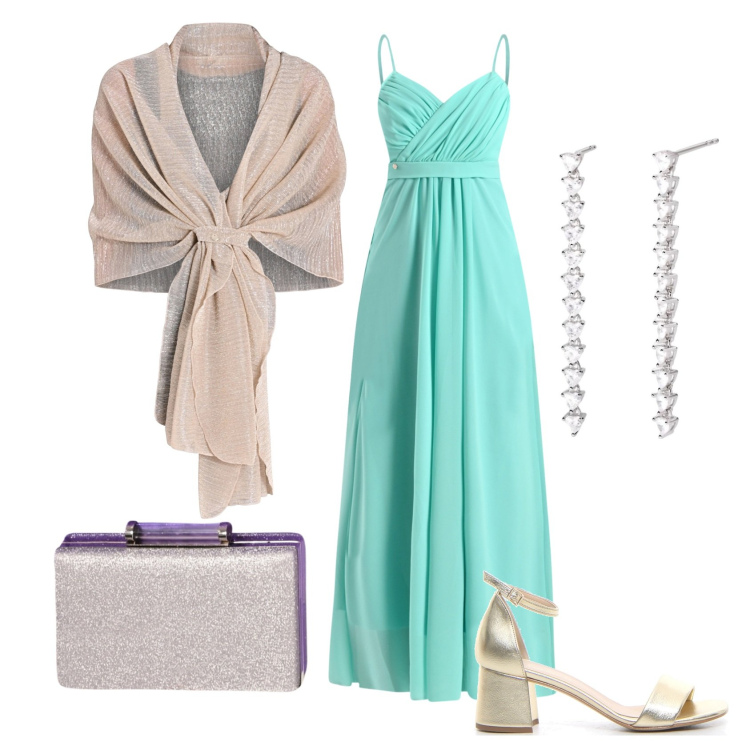 Outfit donna - Serata tiffany. Stile Chic per Cerimonia. Abbinamento con orecchini, stole, pochette, vestiti lunghi, sandali col tacco.