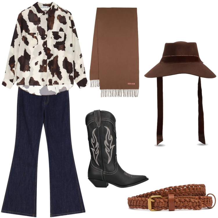 Outfit donna - Cowgirl. Stile Boho per Serata fuori. Abbinamento con stivaletti texani, camicie, jeans a zampa, cappelli, sciarpe, cinture.