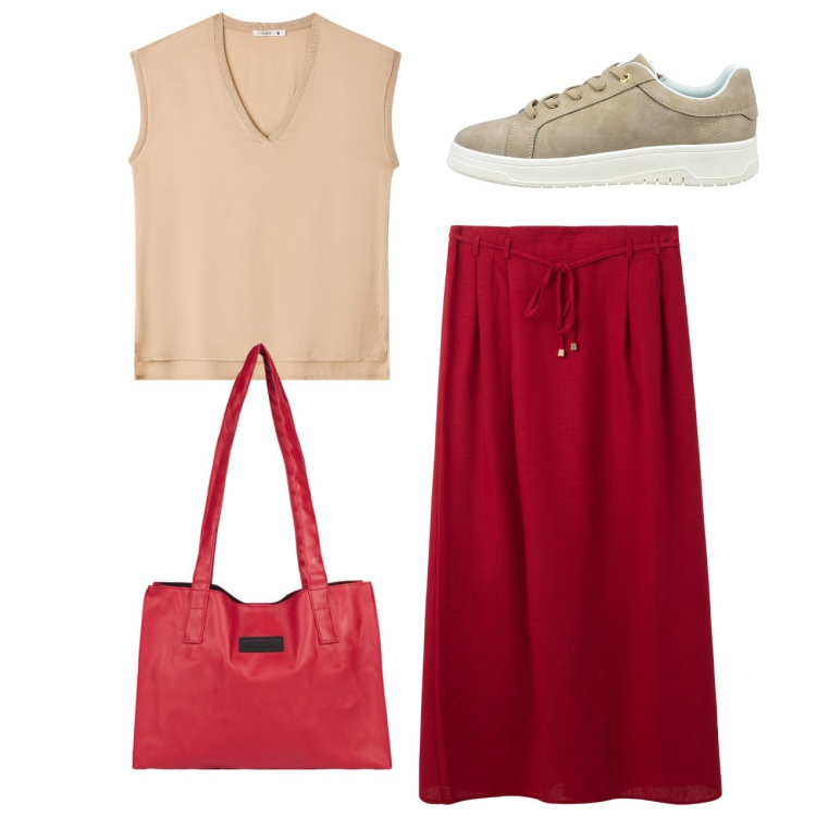 Outfit donna - Tutti i giorni. Stile Basic per Tutti i giorni. Abbinamento con gonne lunghe, top, shopping bag, sneakers.