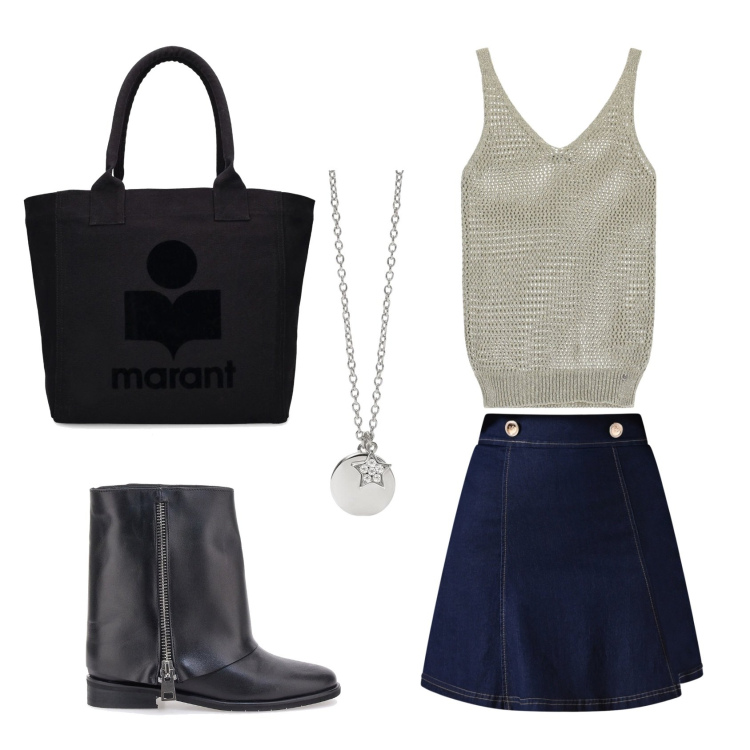Outfit donna - Casual. Stile Casual chic per Serata fuori. Abbinamento con ciondoli, canottiere, minigonne, stivaletti, shopping bag.