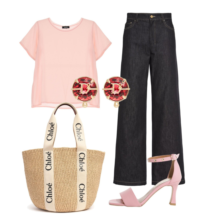 Outfit donna - Rosa e fumo. Stile Casual chic per Tutti i giorni. Abbinamento con orecchini, sandali col tacco, t-shirt, shopping bag, jeans.