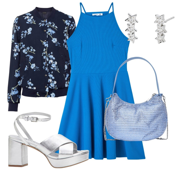 Outfit donna - Festa di compleanno. Stile Chic per Serata fuori. Abbinamento con bomber, sandali col tacco, vestiti corti, borse a spalla, orecchini.